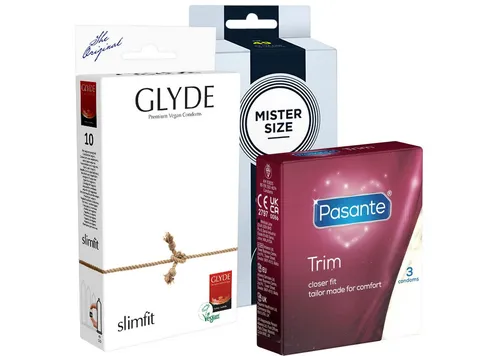 Kondomotheke Kondome Probierset: Special Tight Pack (Testpack Größe XS - S) 3 Packungen kleine Kondome, insgesamt, 23 St., Kondome Probierset, für ein enges Gefühl und festen Halt ohne Abrutschen