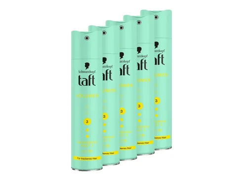 Schwarzkopf Taft Haarspray Volumen (5x 250 ml) - Haltegrad 3 für voluminöse Styles - Dieses Haarspray sorgt für voluminöse Frisuren und langanhaltenden Halt ohne Verklebungen. Ideal für trockenes Haar, mit innovativem HaptIQ System für ein angenehmes Haargefühl. Jetzt das perfekte Styling erleben!