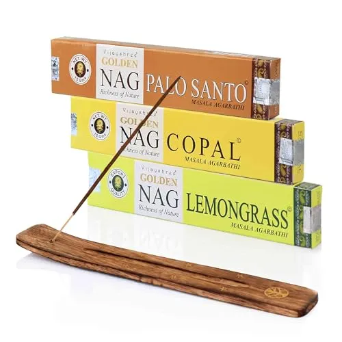 NKlaus Räucherstäbchen Set – Golden Nag Copal, Lemongrass & Palo Santo + Holzhalter | 3er Räucherwerk mit erfrischenden Naturdüften für Energie & Reinigung