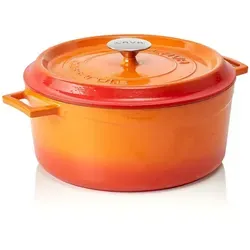 LAVA Kochtopf aus emailliertem Gusseisen Orange 6,7L - Universal-Kochtopf mit 6,7 Litern Kapazität, hitzebeständig bis 280°C, ideal für Induktionsherde und spülmaschinengeeignet. Perfekt für schmackhafte Gerichte.