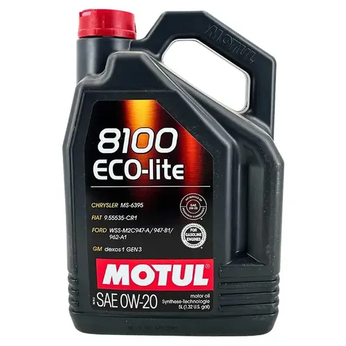 Motul 8100 ECO-LITE 0W-20 - 5 Liter Motoröl - Hochwertiges Motoröl mit SAE Viskosität 0W-20, ideal für moderne Fahrzeuge und sorgt für optimalen Schutz und Effizienz. Geeignet für viele Marken wie Kia, Ford und Toyota.