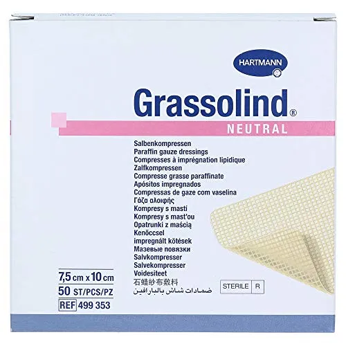 Hartmann Grassolind Salfkompresse 7.5 X 10 Steril - 50 Stück - Kälte- & Wärmekompressen zur Behandlung von Schmerzen & Fieber, imprägniert mit neutraler Salbenmasse für einfache Anwendung und optimale Hautverträglichkeit.