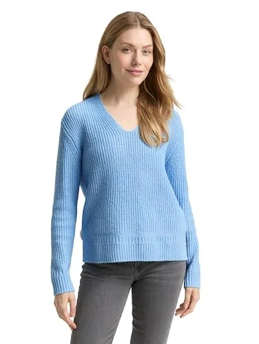 Tom Tailor Damen Pullover - V-Ausschnitt - Stylischer Basic Pullover mit Rippstruktur und V-Ausschnitt. Aus weichem Strickmaterial, perfekt für die Übergangszeit. Regular Fit, Rückenlänge ca. 62 cm in Größe M. Pflegeleicht und vielseitig kombinierbar.
