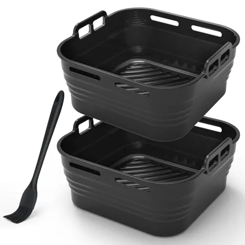 Alyvisun Silikonform für Heißluftfritteuse mit Öl Pinsel, Airfryer Silikonformen Wiederverwendbar Silikon Backform Zubehör Auflaufform Einsatz Mold für Air Fryer, Mikrowelle, 21CM, Schwarz, 2 Stück