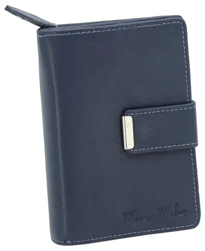 Money Maker Damen Leder Geldbörse handlicher Geldbeutel aufklappbar mit vielen Fächern (Blau)