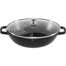 STAUB Gusseisen Wok 30 cm mit Glasdeckel - Vielseitiger Wok für alle Herdarten, inkl. Induktion. Ideal zum Braten, Dämpfen und Frittieren. Gleichmäßige Wärmeverteilung für knackiges Gemüse und energieeffizientes Kochen.
