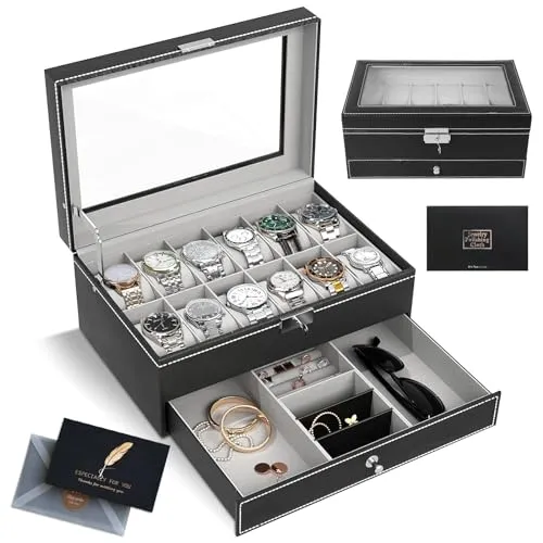 SAMISO Uhrenbox,2-stöckige Uhrenkasten mit Glasdecke,mit Schublade Luxus-Uhrenkasten,Uhr Aufbewahrungsbox,Uhrenbox aus Leder mit 12 Fächern,Watch Case, Jewelry Box