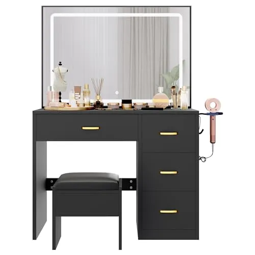 YITAHOME Schminktisch mit Spiegel, Kosmetiktisch mit 4 Schubladen, Beleuchtung, Steckdose, Schwarz (Make Up Tisch, Frisiertisch, Kosmetiktisch, Vanity Table)