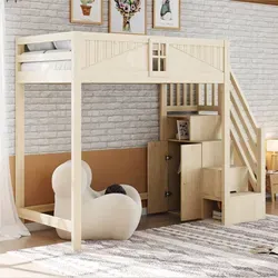Hochbett Modern Aus Massivholz Natur 90x200 Cm Mit Wechselbarer Leiter, Seitenregalen Und Sicherheitsumrandung Mit Fenster