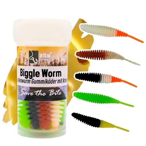 Zite Fishing Biggle Worm Gummiköder | 8 Stück Lamellen-Gummiwurm für Ultra Light Forellen Angeln | Made in Germany | 100% Phthalatfrei (Allround, Käse)