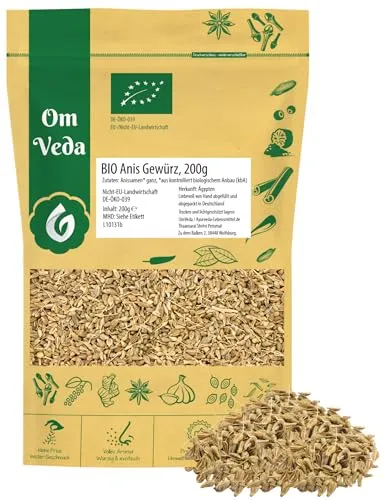 BIO Anis Gewürz ganz | Anissamen Anistee Anisfrüchte Saat | Kochen Backen Tee | Organic Bio-Qualität DE-ÖKO-039 | Aniseed Anise seed | OmVeda (200g)