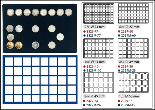 Lindner 2329M-40 Münztableaus Einlagen blau 40 quadratische Fächer 34 mm 1