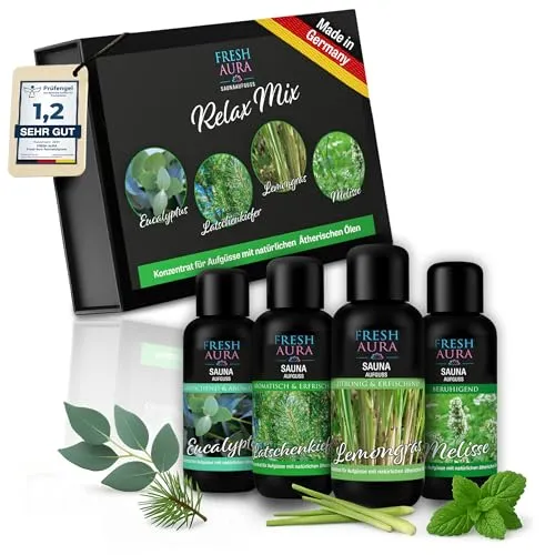 FRESH AURA Saunaaufguss Set – Sauna Aufgussmittel Geschenkset 4 x100 ml mit natürlichen ätherischen Ölen – Sehr ergiebige und langanhaltende Saunadüfte – Relax Mix | Made in Germany