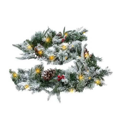 LED Tannengirlande mit Schnee und Beeren warm weiß beleuchtet - 183 cm mit 35 LED - Weihnachtsgirlande Batterie betrieben mit Timer - Deko Beleuchtung Kunst Tanne Girlande Weihnachten Advent Winter
