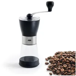 ADE Kaffeemühle manuell mit Aromabehälter aus Glas, Kegelmahlwerk, 65,00 g Bohnenbehälter, stufenloser Mahlgrad für French Press, Siebträger und Filterkaffee