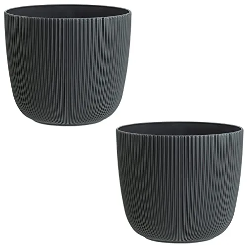 Engelland - 2 x Blumentopf mit Drainagesystem, Anthrazit-Grau, Rillenoptik, Pflanz-Topf, Kübel, modern, widerstandsfähig, rund, wetterfest, Kunststoff, Ø 29 cm, 13 Liter
