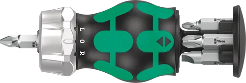 WERA Magazin-Schraubendreherhalter Typ 3 - Bit Ratsche mit ergonomischem 2K-Kraftform Handgriff, Ratschenfunktion und 6 zähharten Universal-Bits für schwer zugängliche Bereiche.