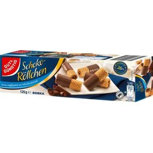 GUT&GÜNSTIG Schoko-Röllchen Vollmilch Kekse 125 g - Süßwaren mit zarter Vollmilchschokolade umhüllt, ideal für einen süßen Snack zwischendurch.