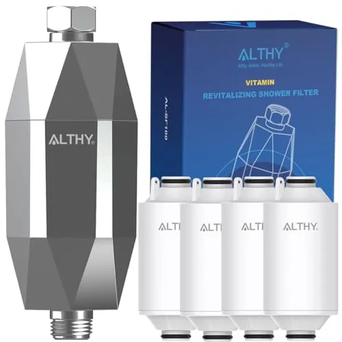 ALTHY Duschfilter VitaminC Wasserfilter Dusche, Gegen Kalk, Reduziert Chlor, Schwermetall & macht hartes Wasser weicher, Verhindert trockene juckende Haut, Schuppen - Verchromung (inkl.4 Filter)