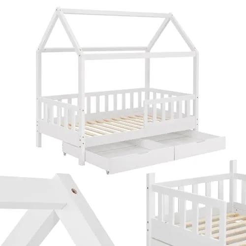 Juskys Kinderbett Marli 80x160 cm mit Rausfallschutz - Betten für Kinder von 3 bis 10 Jahren, inkl. Kaltschaummatratze und praktischem Bettkasten für zusätzlichen Stauraum.