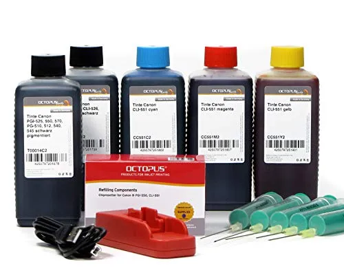 Komplettset mit Chipresetter für Canon PGI-570, CLI-571 Patronen mit 5 x 100 ml Druckertinte für Pixma MG 5700, MG 6800 und TS 5000, TS6000 Drucker, 500 ml Nachfülltinte (Non OEM)