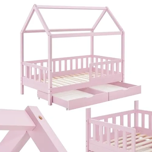 Juskys Kinderbett Marli 80 x 160 cm - Rosa mit Matratze und Bettkasten - Betten für Kinder: Das moderne Hausbett Marli (80x160 cm) bietet Schlafplatz, Spielraum und Stauraum in einem. Ideal für Mädchen und Jungen von 3 bis 10 Jahren.