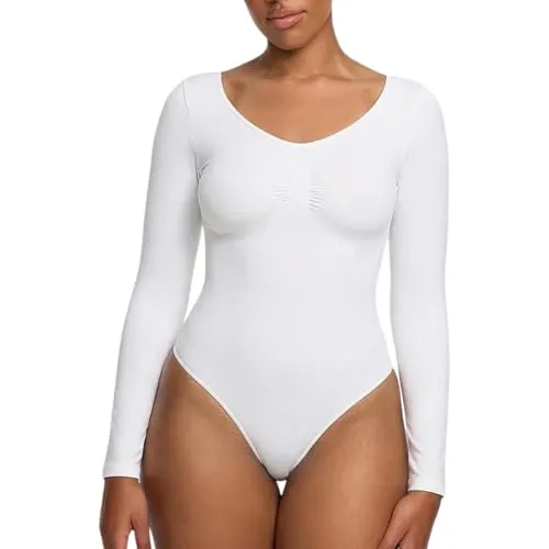 creamy fabrics Damen Figurformender Shapewear Bodysuit mit String – Longsleeve Body für unsichtbaren Sitz – Starke Kompression Bauch & Taille – Nahtlos mit Po-Lifting Effekt