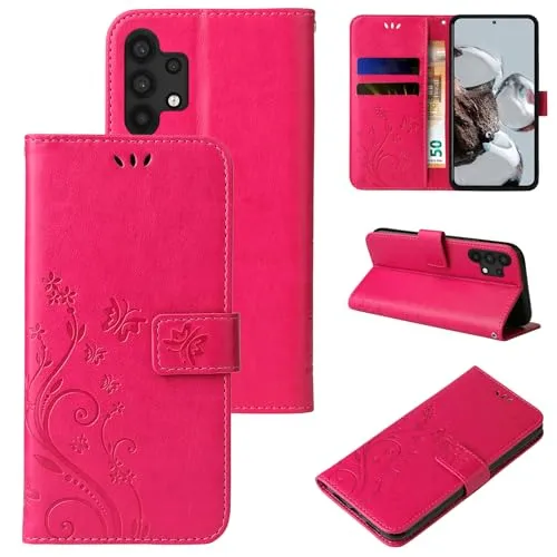 LBH Handy Hülle für Samsung Galaxy A32 5G Case Handytasche Schmetterling Blumen Flower Standfunktion Schutzhülle Magnet Rundum Schutz 360 Grad Flipcase Cover Pink