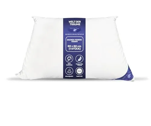 Welt der Träume Daunenkissen 1 Stück | 80x80 cm | Füllgewicht: 1100 Gramm | inkl. Kissenbezug aus 100% Baumwolle | Kopfkissen 80x80 Daunen | Federkissen | kein Lebendrupf | weiß | 1 Stück