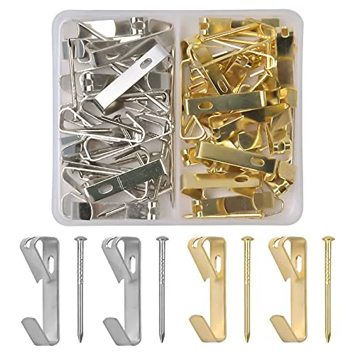 Stück Bilderbügel mit Nägeln, Robuste Bilderhaken Bildaufhänger Set mit Aufbewahrungs box, Fotorahmen Haken zum Aufhängen von Fotorahmen, Spiegeln, Kleidung (Jeweils 20 Sätze Gold und Silber） 80