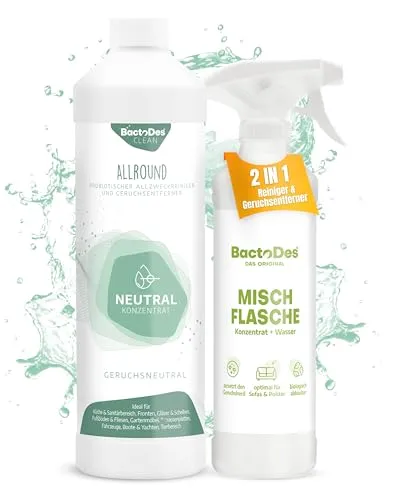 BactoDes - Clean Allround NEUTRAL probiotischer Allzweckreiniger 1L Konzentrat mit Sprayflasche - Spezial Enzymreiniger mit bio Mikroben-Wirkung - Effektiver Geruchsneutralisierer & Geruchsentferner