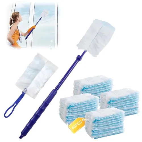 PIWOSGOL 40 Stück Staubmagnet Kompatibel mit Swiffer Staubmagnet Nachfüllpack, Staubwischer Staubfänger Mikrofaser Staubwedel Nachfüllpack für Fang Tierhaare Staub Schmutz (40 Tücher + 2 Griffe)
