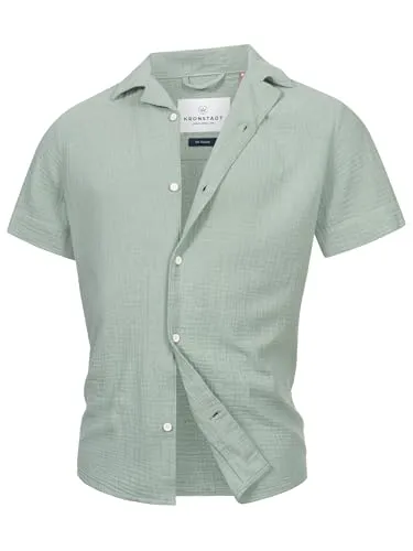 KRONSTADT Herren KSAvery Hemd Kurzarm aus Musselin | Herrenhemd Männer Hedge Green, S