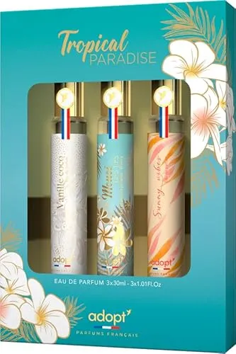 adopt TROPICAL PARADISE 3er Set, 3 x 30 ml Eau de Parfums für Damen - Entdecken Sie das exotische Duftset mit drei Damendüften à 30 ml. Perfekt für Urlaubsliebhaberinnen, bringen diese Düfte das Gefühl von Strand und Sonne in den Alltag.