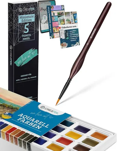 CreaTek Malpinsel Miniatur Pinsel Set & Premium Aquarellfarben Set 24 Farben, (1 St), Viele extras wie Videokurse und Malvorlagen