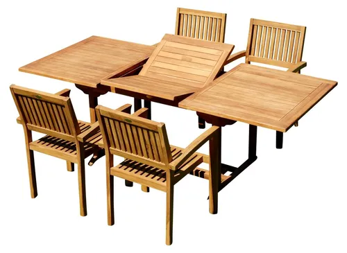 ALEOS. Teak Set: 5-tlg. Gartengarnitur mit Ausziehtisch und stapelbaren Sesseln