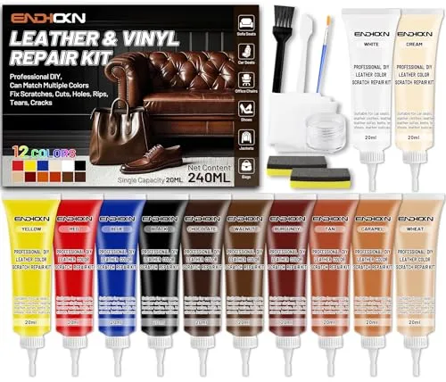Endhokn Leder Reparatur Set, 12 Farben Ledersofa Reparaturset, Autositze, Jacke, Vinyl Kunstleder Reparaturset Repariert Kratzer Schnitte Risse Löcher Risse Farbe Anpassbar und Einfach zu Bedienen