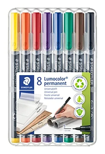 STAEDTLER permanent Marker Lumocolor, Superfein, ca. 0,4 mm, wisch- und wasserfest, Made in Germany, nachfüllbar, lange Lebensdauer, 8 Universalstifte in sortierten Farben, 313 WP8, Schwarz