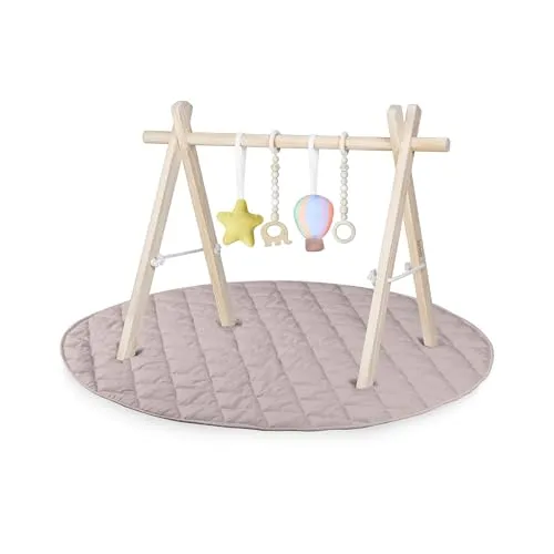 Lionelo Anis Set Baby Gym mit klappbarem Holz-Spielbogen & abnehmbaren Spielzeugen, große 100 cm Krabbel- & Spieldecke aus Baumwolle, 2 cm weich & rutschfest, Montessori Spielmatte für Babys