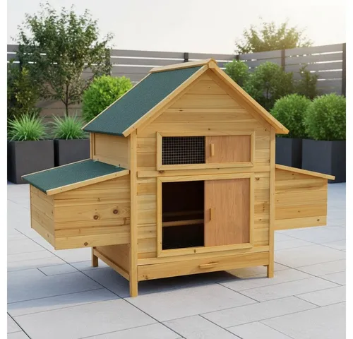 Mucola Hühnerstall XXL - Geflügel- und Hasenstall aus Holz - Kleintierkäfige für Outdoor und Indoor, mit aufschiebbarem Fenster und großzügigem Platzangebot für Hühner und Kaninchen.