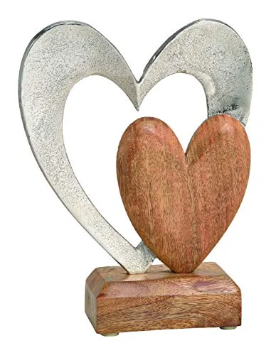 Wurm DOPPEL-Herz aus Metall und Mango-Holz auf Sockel, Präsent der Liebe, rustikale Dekoration im Landhaus Trend Geschenkidee zum Valentinstag nachhaltiges, natürliches Material 16x21x6cm