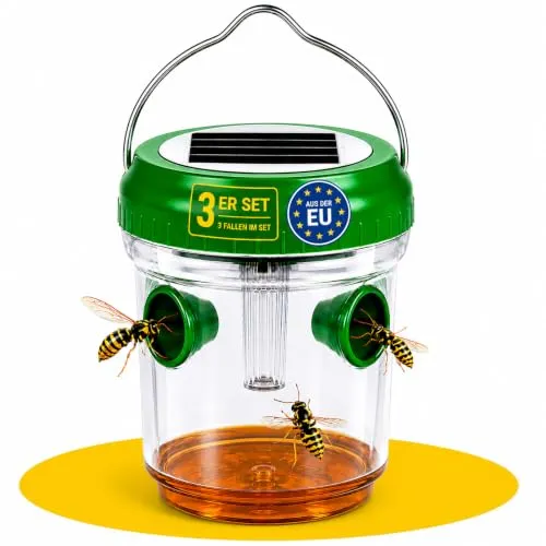 Solar Wespenfalle 3er Set LED Insektenfalle Wespenfänger Gartenfalle Solar | BURI Grundig Mückenfalle mit Solarbetrieb für Garten, Terrasse, Balkon und wetterfesten Insektenschutz im Außenbereich
