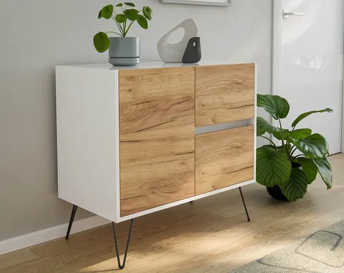 Posseik Waschtisch-Set Sideboard FAVIER 80 x 76cm – Modernes Design in Weiß-Eiche - Elegantes Sideboard FAVIER 80 x 76cm mit 2 Schubladen und 1 Tür. Hochglanz-weißer Korpus kombiniert mit realistischer Eiche-Optik. Ideal für modernes Wohnen – viel Stauraum und pflegeleichte Oberflächen.
