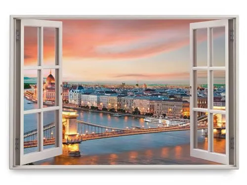 Paul Sinus Wandbild 120x80cm Fensterbild Budapest Altstadt Fluss Stadtlichter Horizont Sonnenuntergang