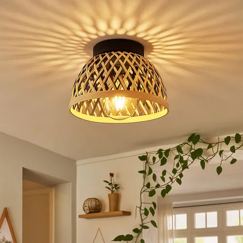 Bohostil Deckenlampe Braun aus Bambus und Metall - Moderne Deckenleuchte im Bohostil, gefertigt aus hochwertigem Bambus und Metall. Ideal für Schlafzimmer, mit E27 Fassung für individuelle Lichtgestaltung.