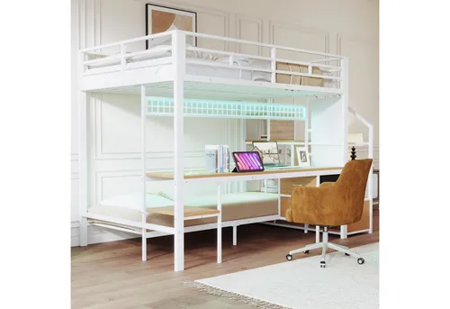 MODFU Etagenbett mit Stauraum & Stoffschubladen (Kinderbett mit LED-Schreibtisch, Steckdosen, 90x200cm+140x200cm), ohne Matratze