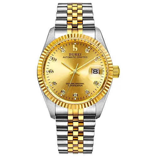 BUREI Luxus Herrenuhr mechanische Automatik Armbanduhr 24 Dial Analog Display Automatikuhr Lederband Edelstahlarmband Wasserdicht Stylish Armbanduhren (Golden)
