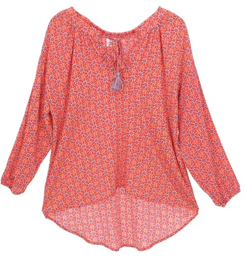 GURU SHOP Blusentunika - Plus Size Strandbluse in Himbeer - Damenblusen, luftige A-Linie für eine feminine Silhouette, ideal für Strand und Stadt, mit elastischen Ärmeln und süßen Tasseln.