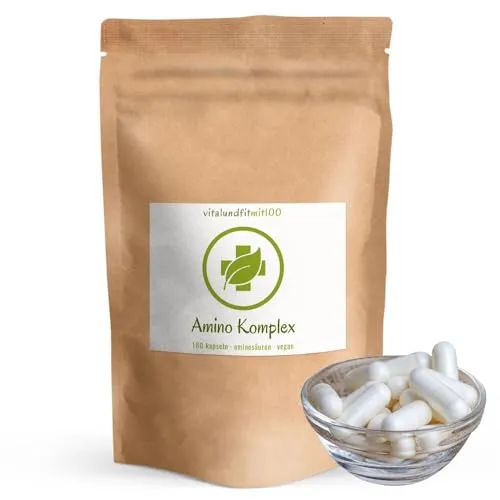 Amino Komplex - 180 Vegi-Kapseln à 750mg - NNU-Wert von 99% - optimale Zusammensetzung aller 8 essentiellen Aminosäuren plus L-Tyrosin