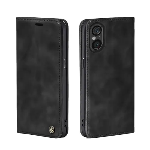 LBH Handyhülle für Sony Xperia 5 V in Schwarz mit Karten- und Geldfach Smartphone Hülle mit Standfunktion Flip Case Schutzhülle Magnetverschluss Vintage